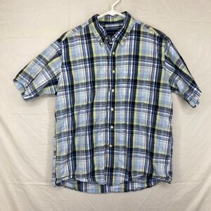 Siegfried & Company Mens Large Blue Lime Green Plaid Short Sleeve Button Down